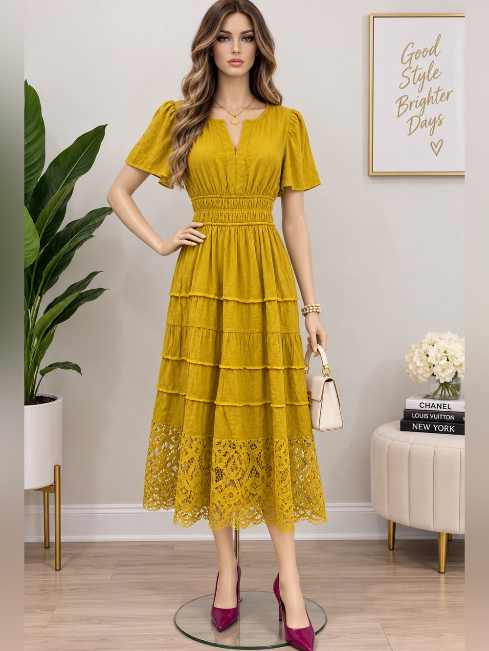 J. GEE Mustard Yellow Maxi Dress Size S Lace Detail NWT